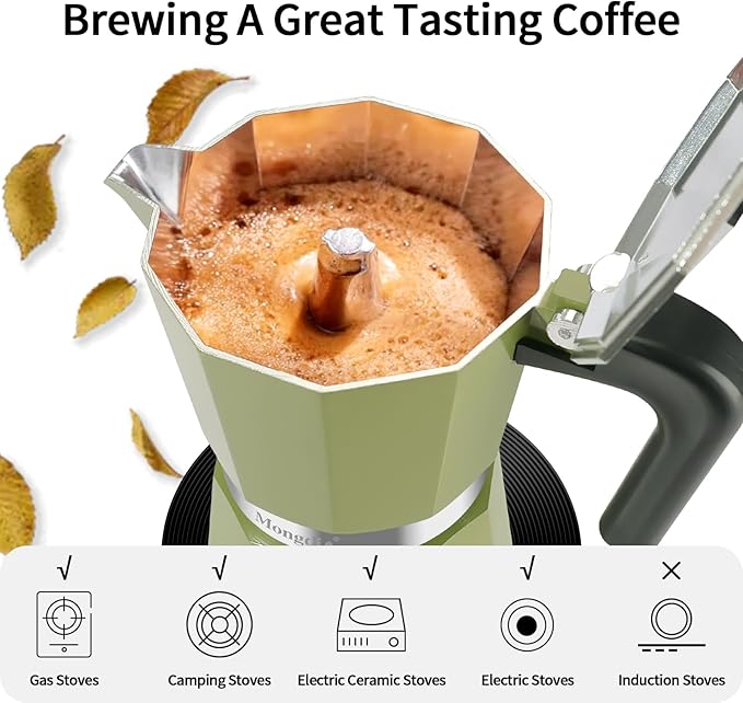Mongdio Stovetop Espresso Maker Moka Pot, Stove Top Cuban Coffee Maker, Italian Greca Mocha Pot, 12 Espresso Cups, 20 oz - Green