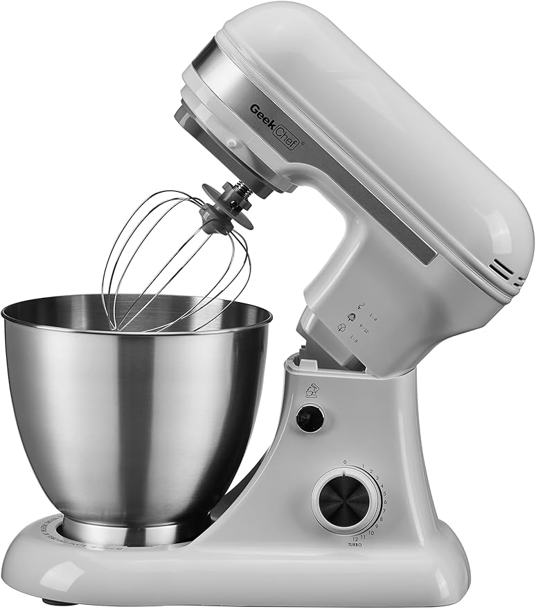 Geek Chef Electric Stand Mixer, 4.8QT 12 Speeds Tilt-head Food Mixer with Dough Hook, Whisk, Beater, Bowl, Rotary Knob for Home Kitchen Use, Gray