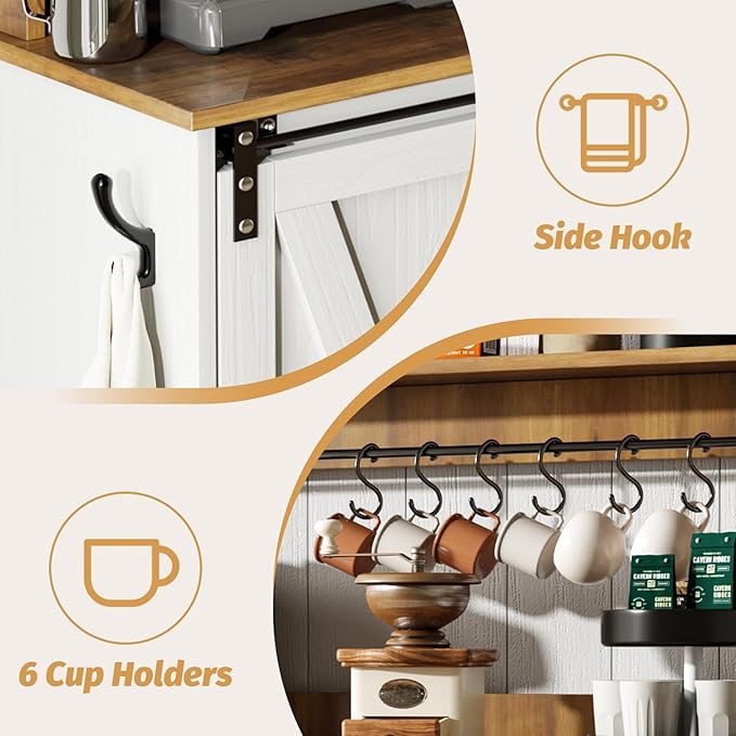 4ever2buy Farmhouse Coffee Bar Cabinet with Hutch, 47 Inch Buffet Cabinet with Storage, White Wine Bar with 9 Wine Racks and 6 Hooks, Coffee Bar Table with Adjustable Shelves for Living Dining Room