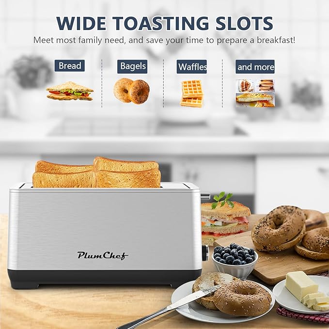 4-Slice Toaster, Extra Wide Long Slot Toaster, 6 Browning Settings, Bagel/Defrost/Reheat Functions, Removable Crumb Tray, Stainless Steel Housing (Stainless Steel)