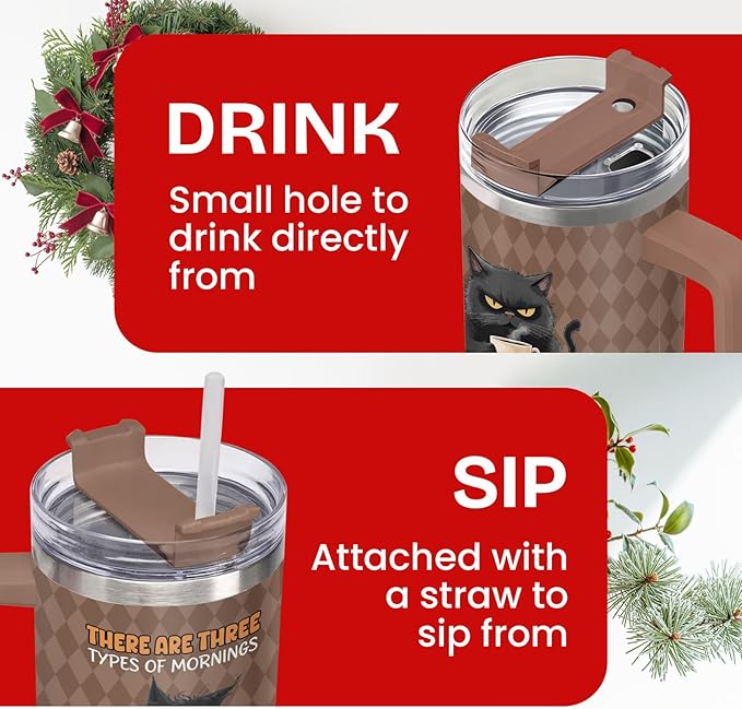 34HD Black Cat Tumbler with Handle & Straw, 40oz Vacuum Insulated Coffee Travel Mug, Black Cat Gifts for Men Women Birthday Halloween Christmas, Funny Gifts for Night Owls Coffee Lovers