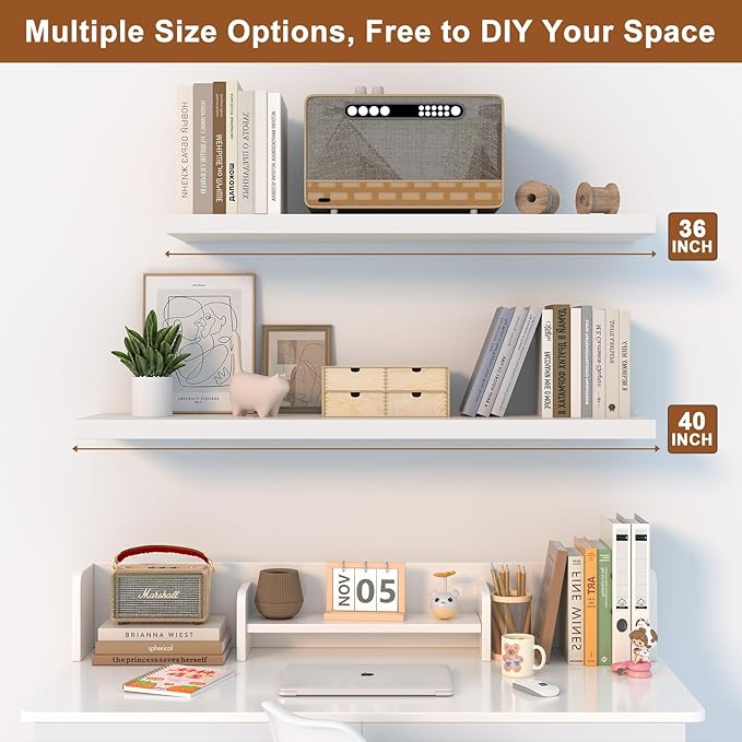 12 Inch Deep Floating Shelves for Wall 2 Pack Floating Shelfs Large Storage Space Wall Decor Display Shelf for Bathroom Living Room Bedroom Kitchen 48" W x 12" D x 1.2" H White