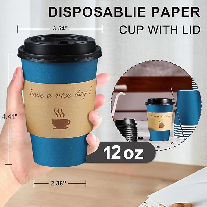 500 Pack 12 oz Coffee Cups with Lids, Disposable To Go Paper Coffee Cups with Sleeves and Stirring Sticks for Hot/Cold Drinks Office Home Shop Event (Navy)
