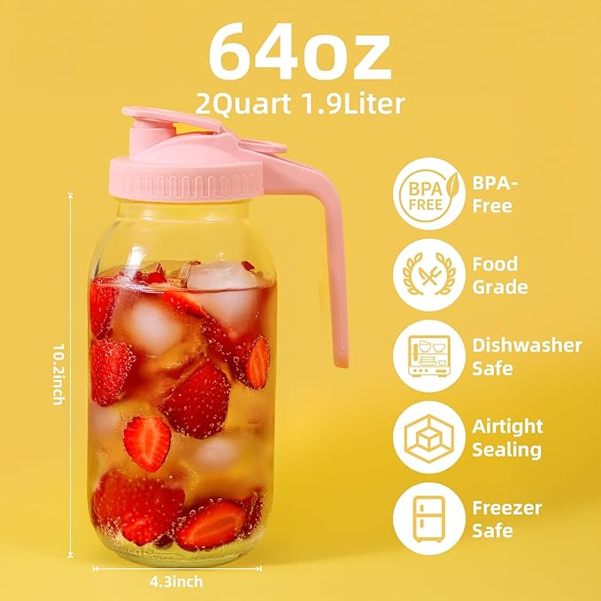 2 Pack Glass Mason Jar Pitcher - 64 oz/2 Quart Wide Mouth Jug with Lid and Pour Spout, Airtight Seal, Leak Proof Iced Tea Pitcher for Sun Tea, Juice, Breast Milk, Cold Beverages, Coffe