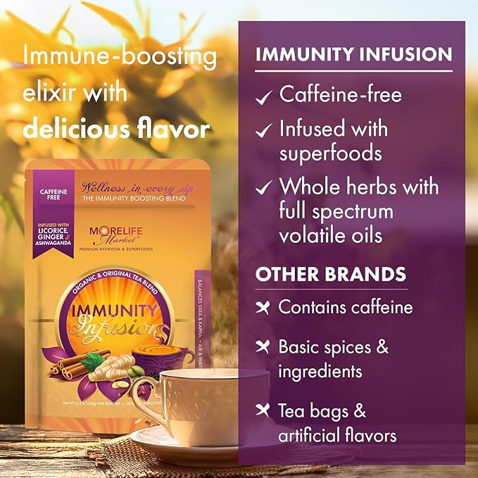MoreLife Market Immunity Infusion Tea | Organic Ayurvedic Blend with Turmeric, Ashwagandha & Licorice | Family Wellness & Seasonal Support Dried Herbs Tea - 8oz (230g)