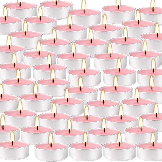 Pink Rose Scented Tealight Candles - 4 Hours - Giant 100 Bulk Packs - Smokeless Tea Lights for Valentine's Day, Weddings, Christmas, Home Decorative