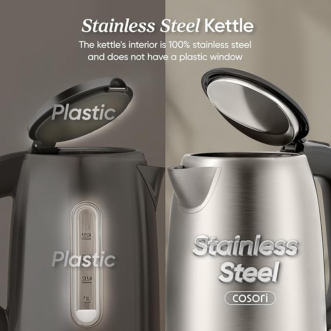 COSORI Electric Kettle, Stainless Steel Tea Kettle, Plastic-free Inner Lid, Filter and Spout, Easy to Clean, Automatic Shut Off & Boil-Dry Protection, Hot Water Boiler & Heater, 1.7L, 1500W