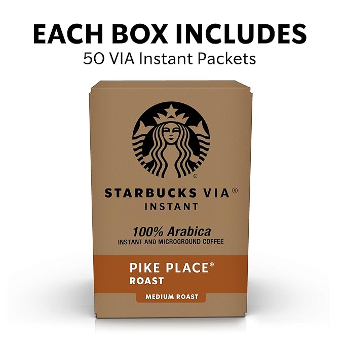 Starbucks VIA Instant Coffee, Medium Roast Coffee, Pike Place Roast, 100% Arabica, Single-Serve, 1 Box (50 Packets)