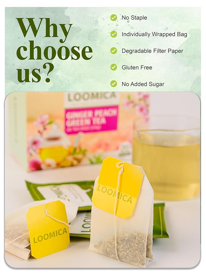 LOOMICA Ginger Peach Green Tea, Caffeinated, Pastoral & Spicy Soothing Blend with Green Tea, Ginger, and Juicy Peach Flavor, Individually Wrapped Bags, 20 Counts