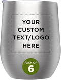 Custom Stemless Wine Glass Tumblers with Lids by Largo 11 oz. Set of 6, Personalized Bulk Pack - Perfect for Wine, Cocktails, Other Hot & Cold Beverages - Silver