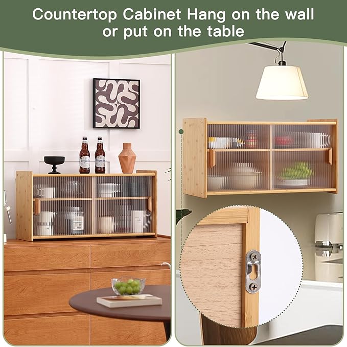 Wall Mounted Bamboo Countertop Storage Cabinet with Glass Door, Hanging Kitchen Cupboard with Adjustable Shelves, Small Pantry Sideboard for Dining Room, Bathroom, Wood