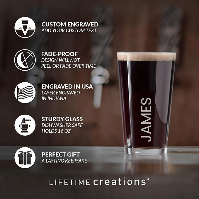Lifetime Creations Engraved Personalized Name Pint Glass - Custom 16 oz Beer Glass Etched with Name Vertical, Made in USA