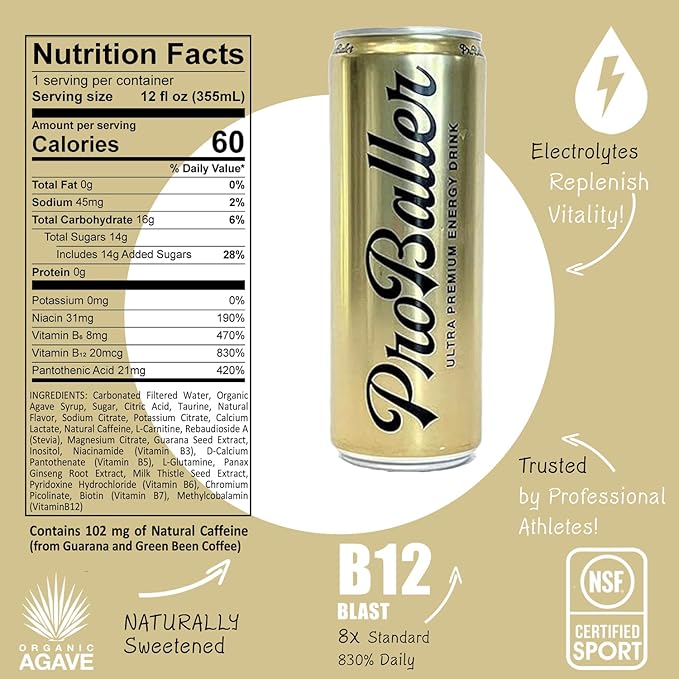 ProBaller Ultra Premium Energy Drink - Natural Clean NSF Certified Sport Drink with Amino Acids, Taurine, Biotin, Organic Agave, Vitamin B 12 Methylcobalamin, & Electrolytes - 15 Pack - Citrus