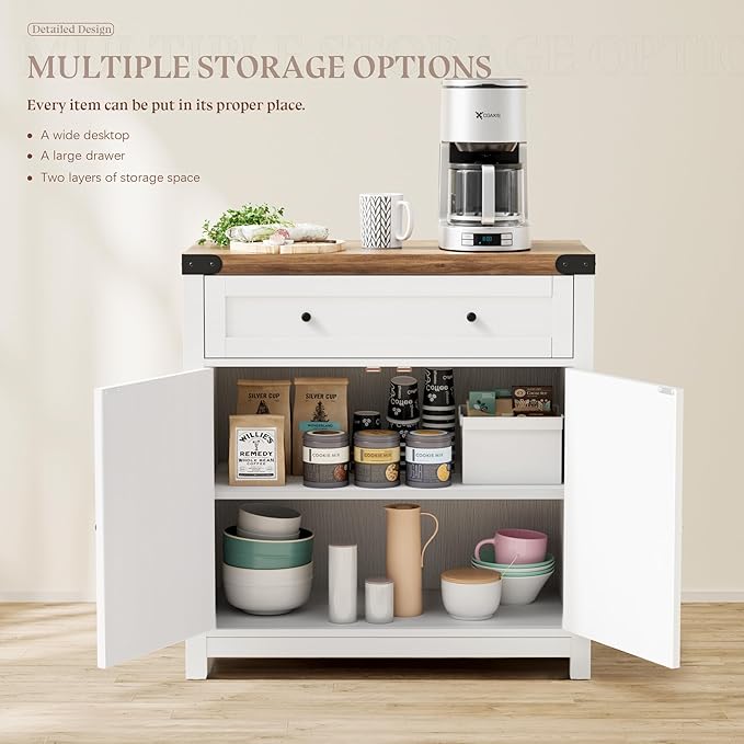 YESHOMY Coffee Bar and Accent Cabinet, Farmhouse Barn Door Buffet Sideboard with Drawer and Adjustable Shelf, Wide Desktop for Kitchen, Dining Room, Bathroom, Entryway, White＆Rustic