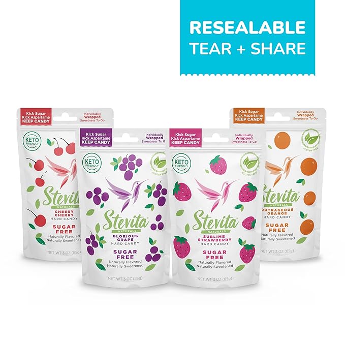 Stevita Hard Candy, Variety Pack - 4 Resealable Pouches - Strawberry, Cherry, Orange & Grape Flavors - Sugar & Aspartame Free - Naturally Flavored & Sweetened - Non-GMO, Gluten Free, Keto Friendly