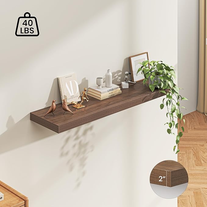 Dreamland 55" Floating Shelves for Wall, 12" Deep Thicker Walnut Floating Shelves, Wall-Mounted Shelves for Bedroom, Living Room, Kitchen, Bathroom - Set of 1