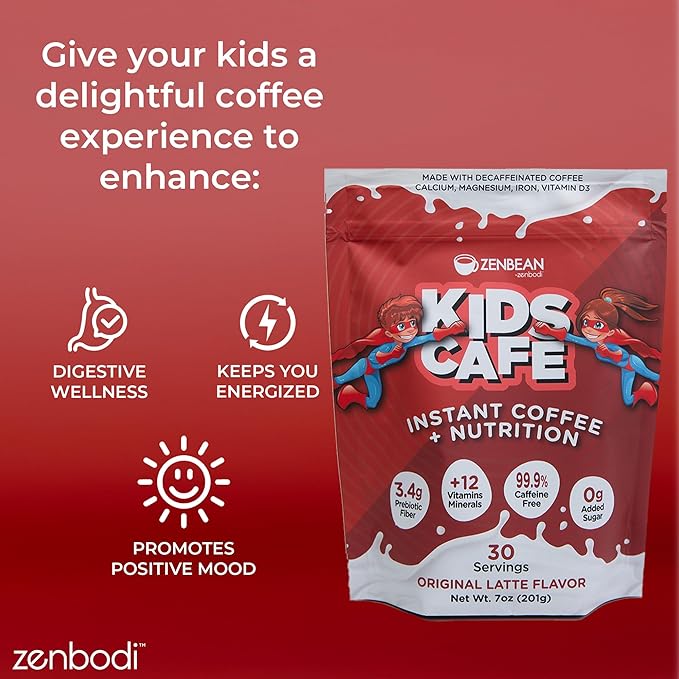 Zenbean Kids Cafe - Sugar Free Coffee & Nutrition, 99.9% Caffeine-Free, 12 Vitamins & Minerals (Calcium, Magnesium, Iron, & More), 3.4g Prebiotic Fiber, Original Latte Flavor, Makes 30 Servings