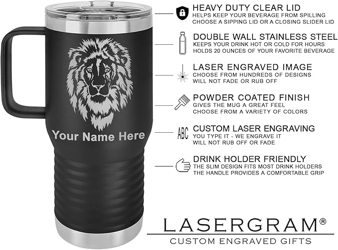 LaserGram 20oz Vacuum Insulated Travel Mug with Handle, Tiki Statue, Personalized Engraving Included (Black)