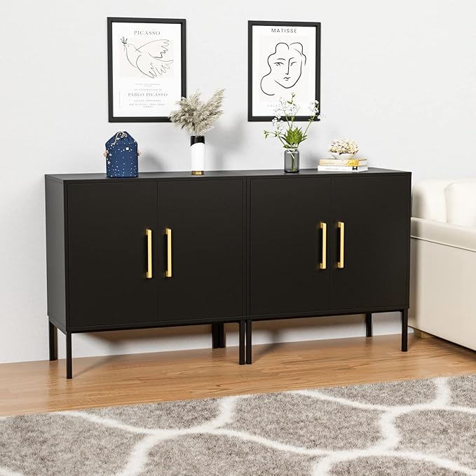 CARPETNAL Set of 2 Accent Storage Cabinet with Doors and Adjustable Shelf, Freestanding Buffet Cabinet, Modern Sideboard Buffet Cabinet for Living Room, Dining Room, Kitchen, Hallway (Black)