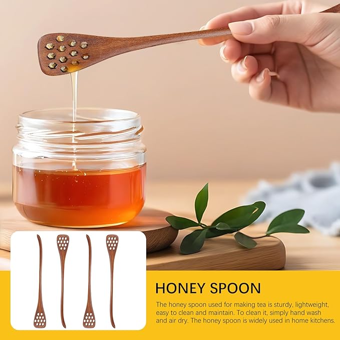 4PCS Wooden Honey Dipper Sticks - Natural Honey Drizzler Stirrer for Tea, Coffee, Syrup (7.3"),Reusable Honey Comb Spoon Set for Jar Dispensing Bread Spread Chocolate Caramel (Brown)
