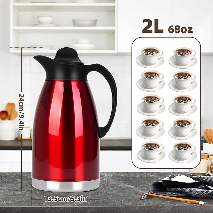 ShineMe 68Oz(2L) Coffee Carafes for Keeping Hot, Double Walled Vacuum Stainless Steel Coffee Urn, Insulated Hot Water & Coffee Dispenser with Airtight Lid, 12H Heat/24H Cold Retention, Red Color