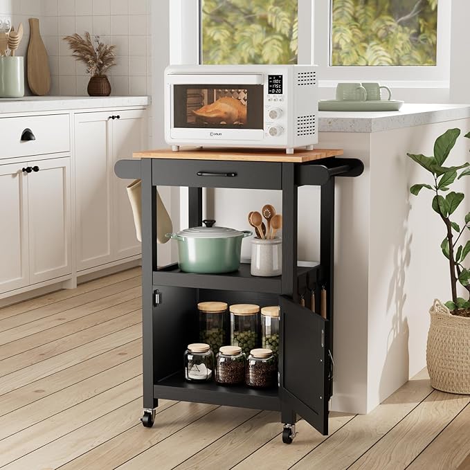 VINGLI Rolling Kitchen Cart with Microwave Stand, Storage Cabinet & Drawer, Coffee Cart with Side Hooks & Towel Rods, Small Kitchen Island on Swivel Wheels, Black