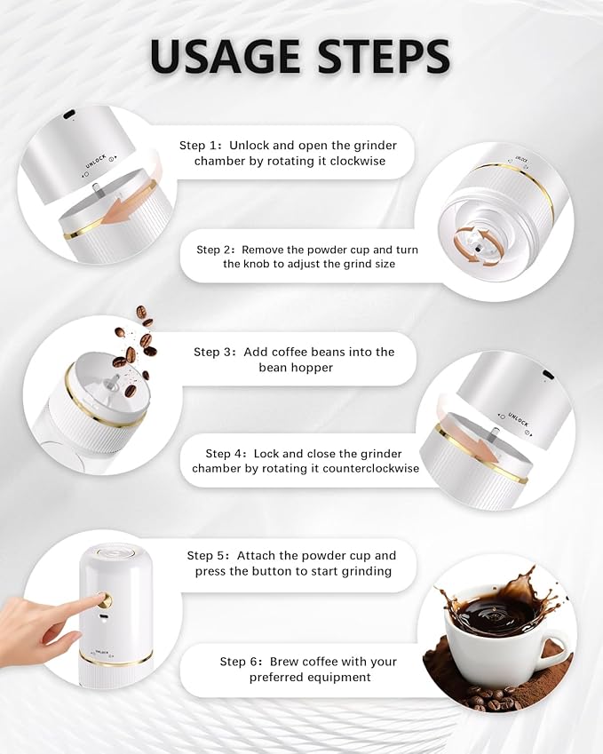 Portable Electric Coffee Grinder ，Automatic Coffee Grinder with USB Type-C wireless charging design，Adjustable Coarse to Fine for coffee beans, grains, cleaning brush + cable Includes (white)