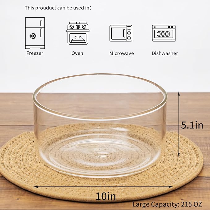 10 inch Large Salad Bowl, Trifle Bowl Glass 215OZ, Versatile Mixing and Serving Bowl for Laying Ice Cream,Cake,Cupcake,Salad,Fruit,Baking,Dessert and Party Diy, Microwave Safe