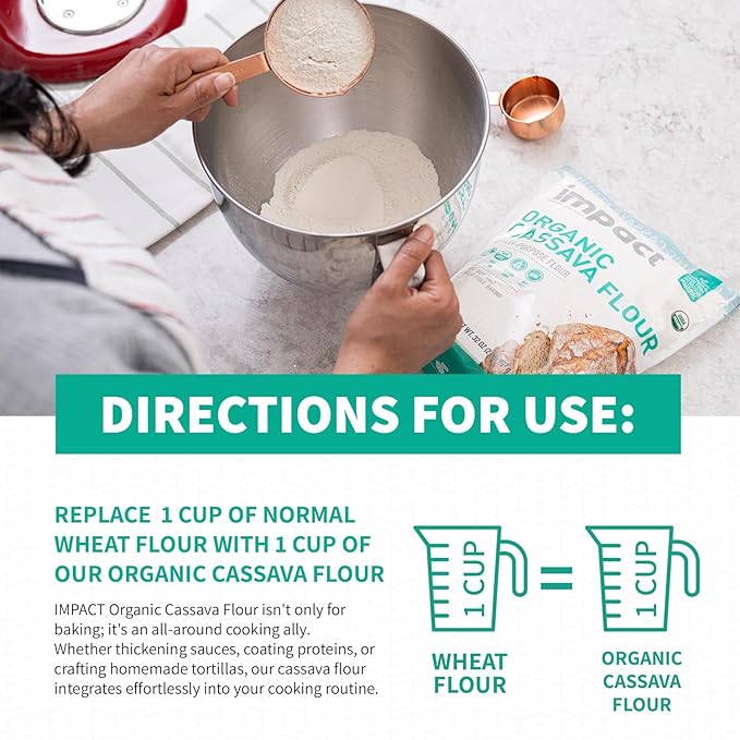 Impact - Organic Cassava Flour - Gluten-Free Baking Essential - Grain-Free Wheat Flour Substitute for Cooking and Baking - High Fiber, Easy to Use - 2lb