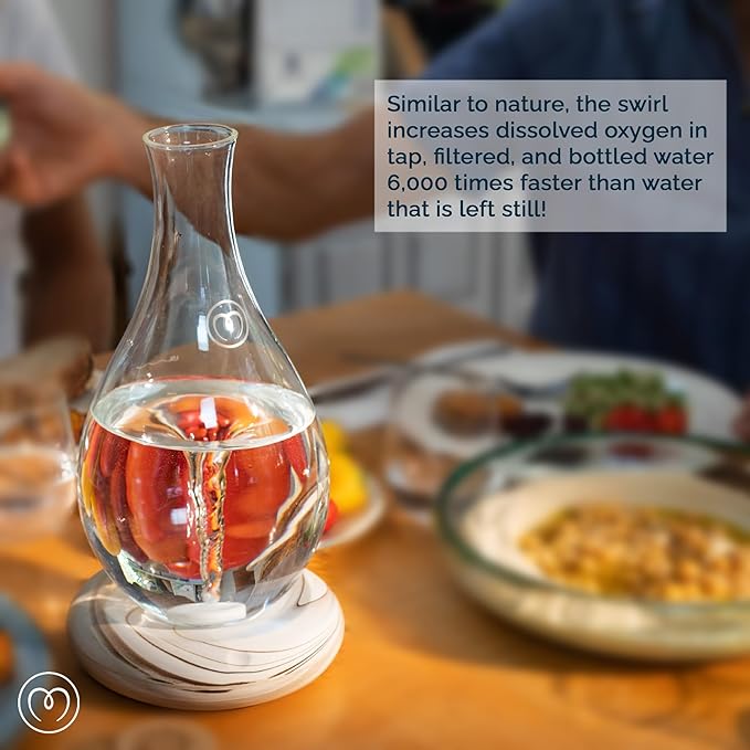 MAYU Swirl Structured Water Carafe - Innovative Vortex Technology Handblown Pitcher. Post Reverse Osmosis Filter Aerating Water Dispenser Stand 1.5 Liter| 51 Oz Dining Glass Jug Design (Earth Base)