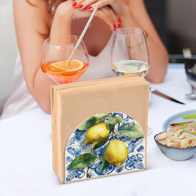 Lemon Blue Tiles Napkin Holder for Table Paper Cocktail Napkin Holders for Kitchen Dinning Acrylic Dinner Napkin Dispenser for Dinner Home Decor Bar 2 Pack
