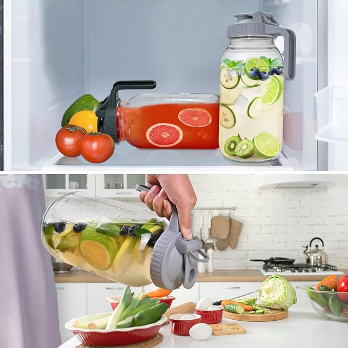 64oz Glass Pitchers with Lid and Spout, 2 Quart Mason Jar Pitchers, Wide Mouth Jar Leak-proof Water Jug for Water, Juice, Milk, Tea, Iced Coffee, and Drinks, 2 Packs.