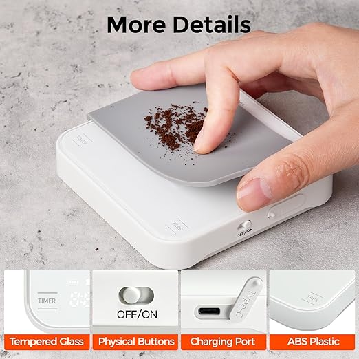 Rechargeable Mini Coffee Scale with Timer, 2kg/0.1g Precision Espresso Scale, Portable Coffee Weight Scale w/ 4 Modes for Espresso and Pour-Over Coffee (White)