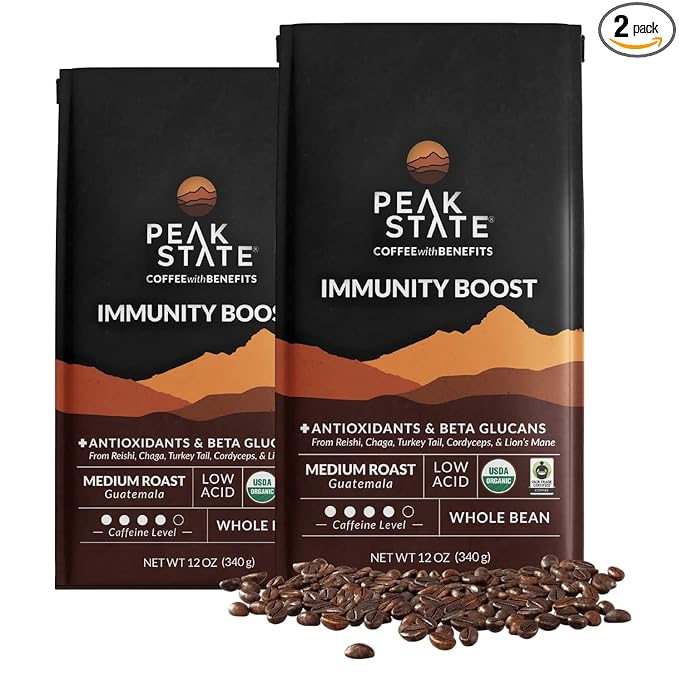 Peak State Immunity Boost Medium Roast – Organic Mushroom Coffee, Low Acid & Smooth, Dark Chocolate & Sweet Grape Notes, Whole Bean, Gluten Free, 12 oz (2 Pack)