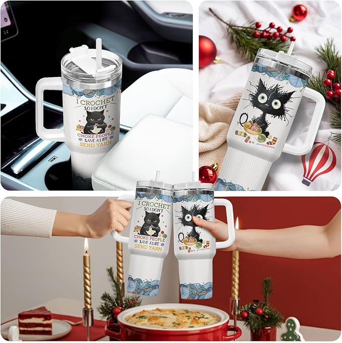 34HD Black Cat Tumbler with Handle & Straw, 40oz Vacuum Insulated Cat Coffee Cup, I Crochet So I Dont Choke People Mug, Crochet Lover Gifts for Birthday Mothers Day Christmas