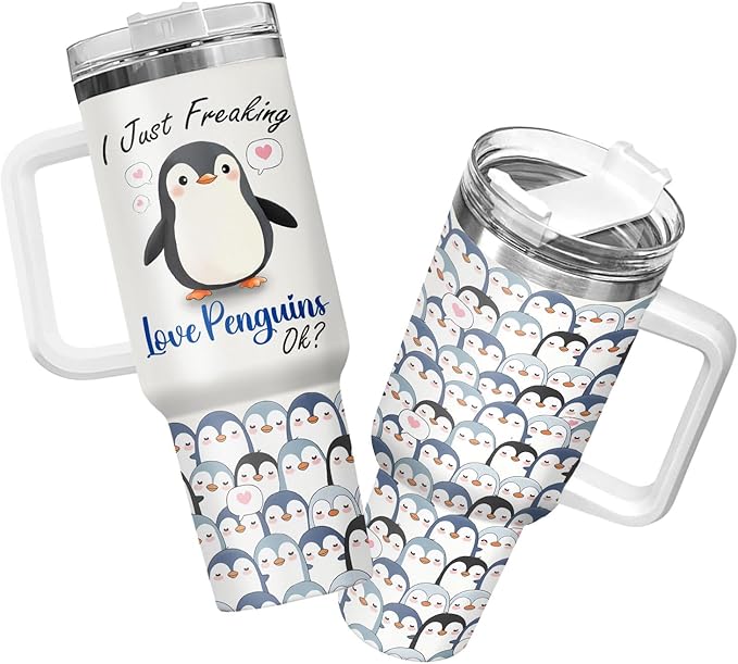 34HD 40oz Penguin Tumbler with Handle and Straw – I Just Freaking Love Penguins Printed Mug – Cute Stainless Steel Birthday Gift Cup for Animal Lovers Women