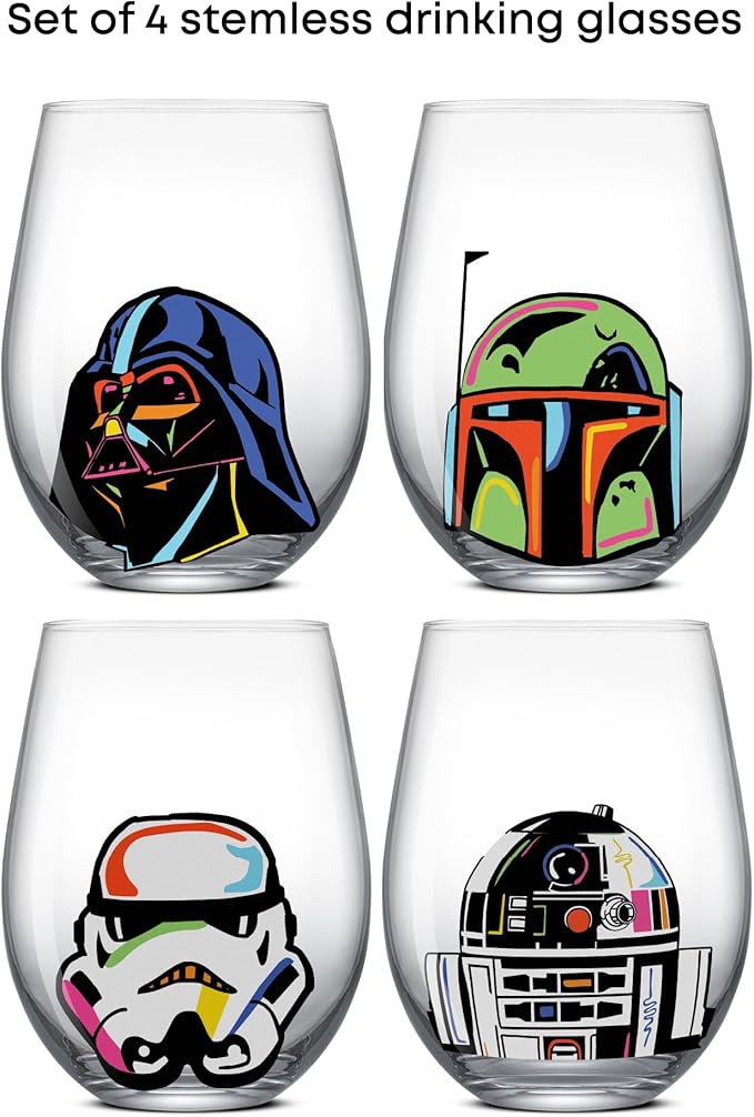 JoyJolt Star Wars Cosmic Color Stemless Drinking Glasses, 19oz Glass Cups ft Darth Vader, Stormtrooper, Boba Fett, R2-D2 - Star Wars Kitchen Glasses Set of 4, Gifts for Men, Women & Adults