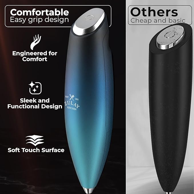 Zulay Kitchen Patented Tornado Triple Whisk Milk Frother with 4 Duracell Batteries – Handheld Foam Maker for Coffee, Lattes, Matcha & Hot Chocolate – Rich, Creamy Froth in Seconds