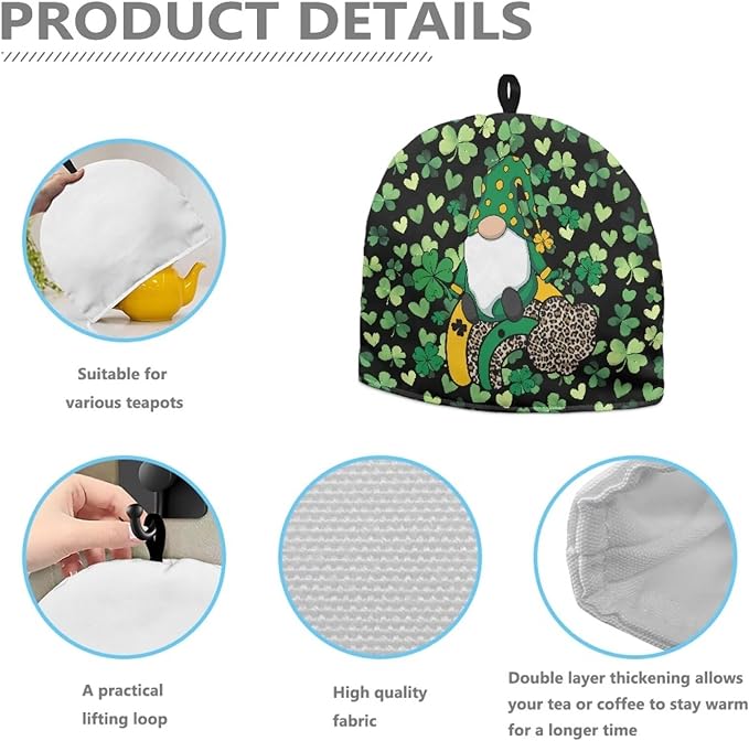 Gnomes Teapot Insulation Cover Lucky Leaf Tea Kettle Cover for Woman Keep Warm Kettle Kitchen Dust Cover Water-Resistant Teapot Cover