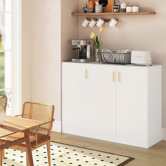 Cozy Castle Buffet Cabinet with Storage, Accent Storage Cabinet with Doors and Shelves, Wood Coffee Bar Sideboard Console Table for Kitchen Living Room Entryway Hallway, 35.4" Tall White