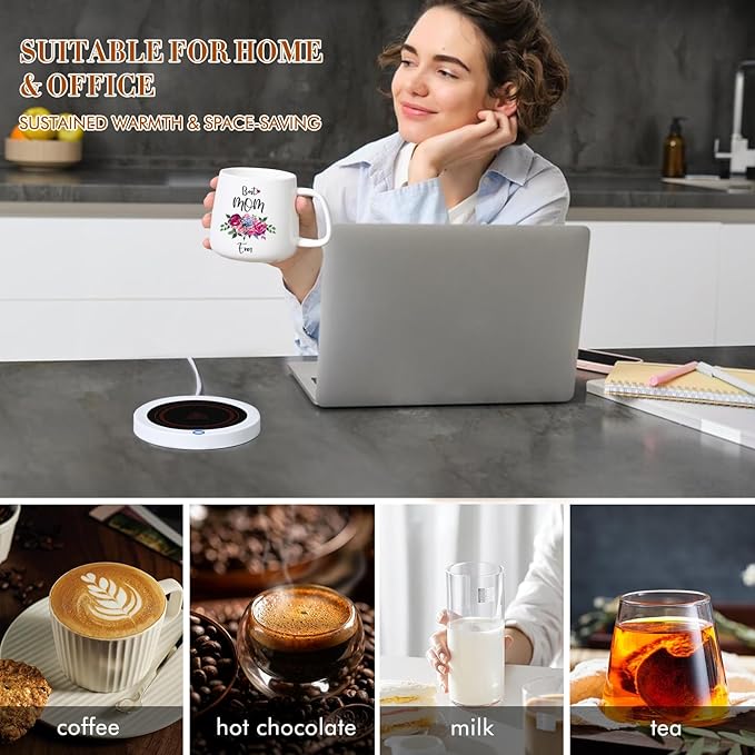 Coffee Mug Warmer, Best Mom Ever Mug, Coffee Cup Warmer for Desk, Gifts for Women, White Heated Coffee Warmer for Mom Home Office Christmas Birthday Gifts