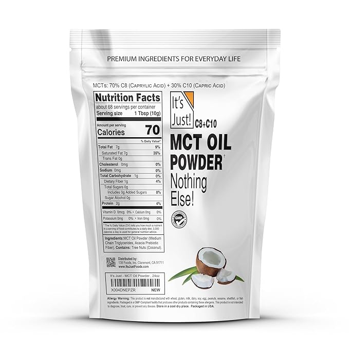 It's Just - MCT Oil Powder w/Prebiotic Fiber (1.5lbs) 70% C8 + 30% C10, Fast Fuel for Body & Brain Health, Keto Coffee Creamer, Non-GMO, Heavy Metal Tested