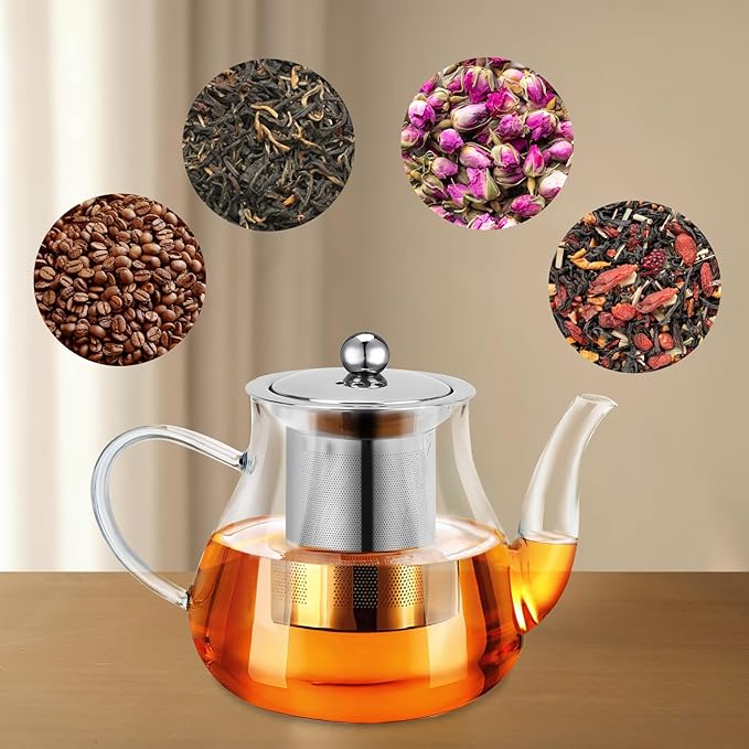 Glass Teapot 28oz/800ml with Removable Infuser, Borosilicate Clear Tea Kettle, Stovetop Safe Tea Kettle Blooming Loose Leaf Teapots, for Camping, Travel