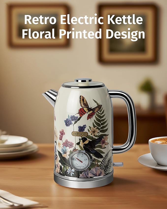 INFOOD Retro Electric Kettle 1.8L/60.8oz with Thermometer - 1200W Fast Boiling Stainless Steel Tea Kettle with Water Level, BPA-Free, Auto Shut-Off, Boil-Dry Protection, Vintage Floral Design
