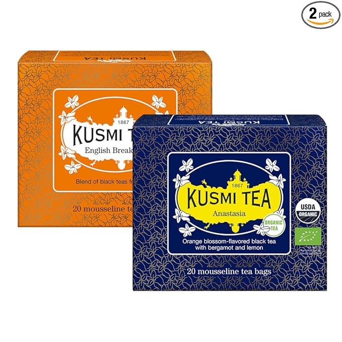Kusmi Tea - Pack of 2 Boxes of Tea Bags - English Breakfast + Anastasia - Blend of Organic Asian Black Tea + Organic Black Tea with Bergamot and Orange Blossom - Earl Grey Tea - 2x20 Tea Bags