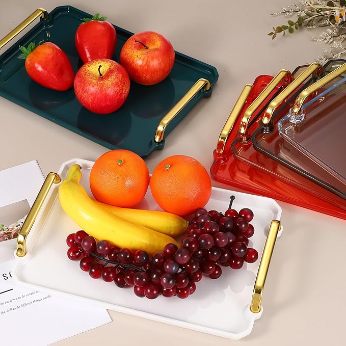 uxcell Plastic Serving Tray with Golden Handle, 12 x 8.6 Modern Rectangular Decorative Tray Acrylic Reusable Tea Platter for Countertop Bathroom Kitchen Home Restaurant, Transparent