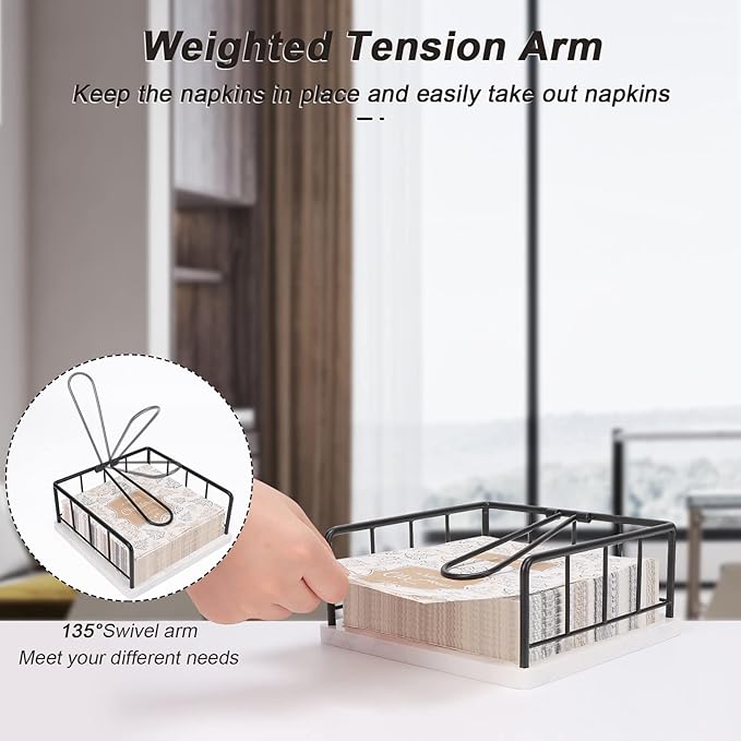 Livabber Flat Napkin Holder, Metal Kitchen Napkin Storage with Weighted Tension Arm Rustic Tissue Paper Dispenser for Countertop, Table Kitchen, Dining Room (With Marble Base, Black)