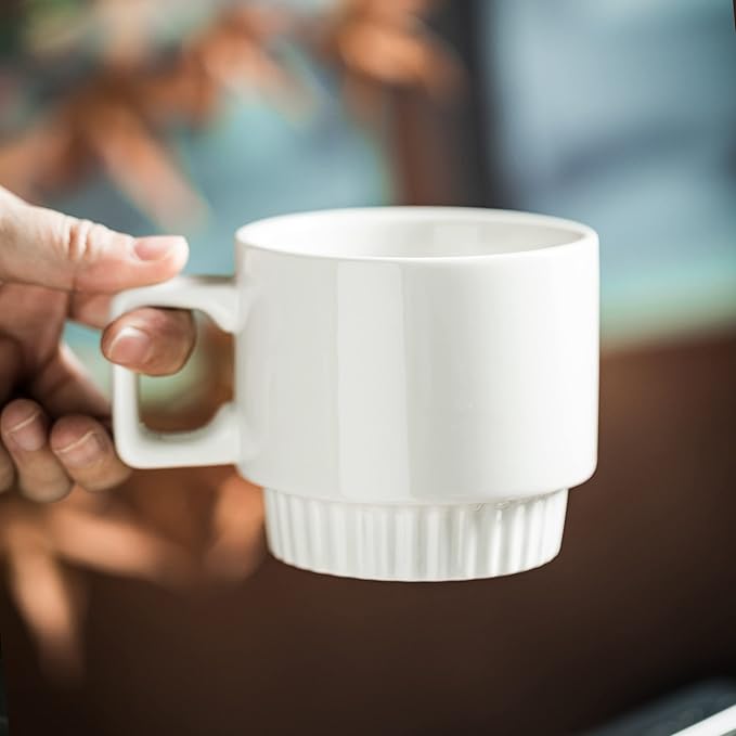 Coffee Mugs Set of 4, Stackable Coffee Cups with Holder Spoons 11oz Ceramic Espresso Cup for Cappuccino Latte Tea Drinks, Dishwasher & Microwave Safe, White