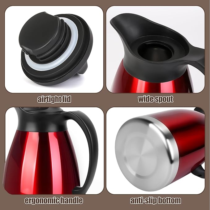 ShineMe 68Oz(2L) Coffee Carafes for Keeping Hot, Double Walled Vacuum Stainless Steel Coffee Urn, Insulated Hot Water & Coffee Dispenser with Airtight Lid, 12H Heat/24H Cold Retention, Red Color