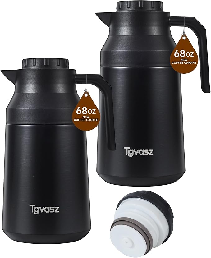 2 PCS Thermal Coffee Carafe Insulated Stainless Steel Coffee Carafe for Hot Liquid Vacuum Thermal Pot Creamer Pitcher Dispenser Keeping Hot Water Milk(Black/Black 68 oz)